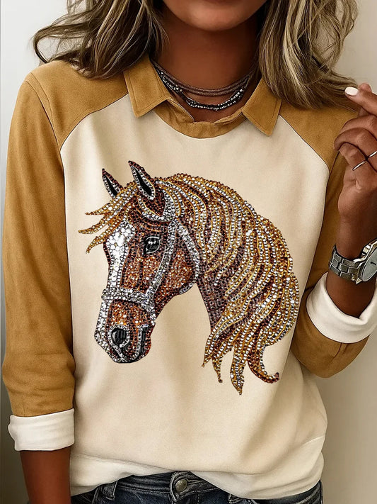 Women's Retro Diamond Horse Head Print Horse Lovers Casual Sweatshirt