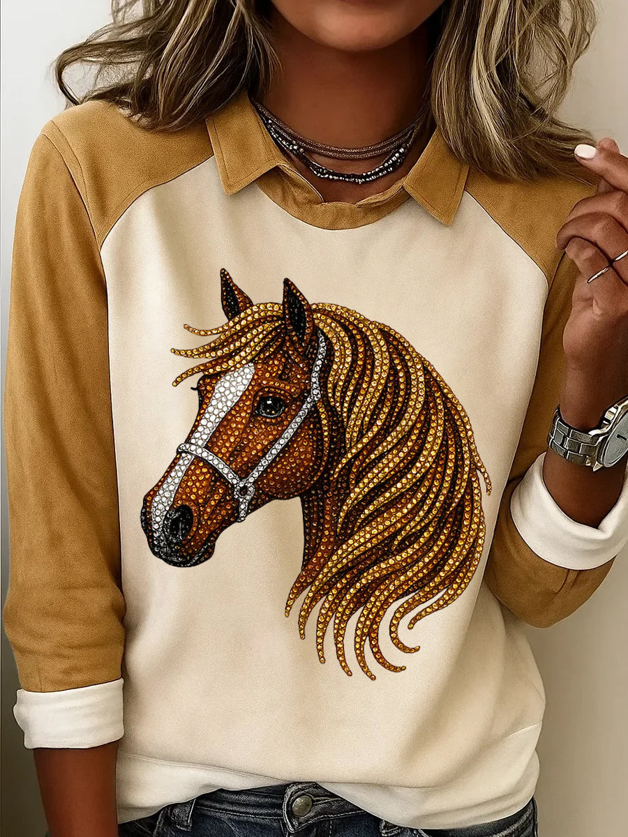 Women's Retro Diamond Horse Head Print Horse Lovers Casual Sweatshirt