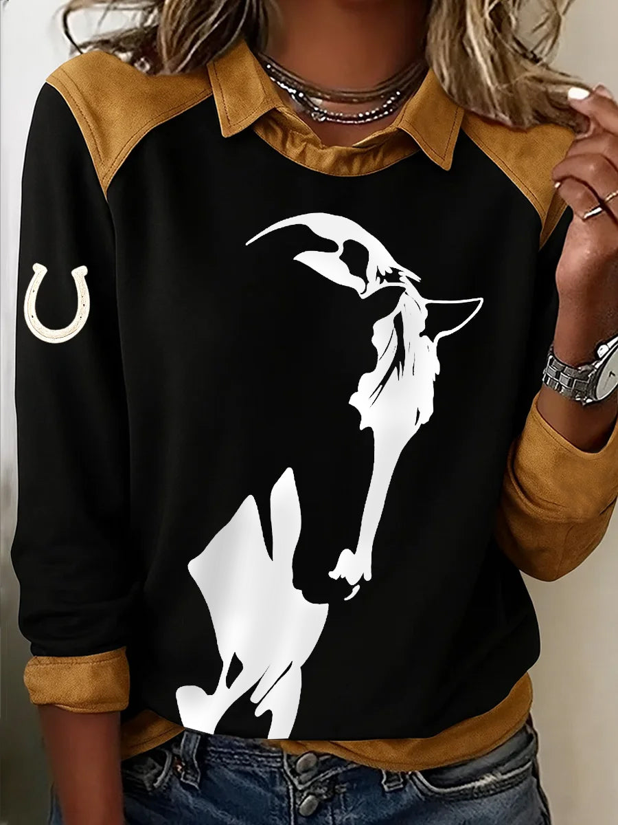 Women's Retro Horse Print Casual Sweatshirt