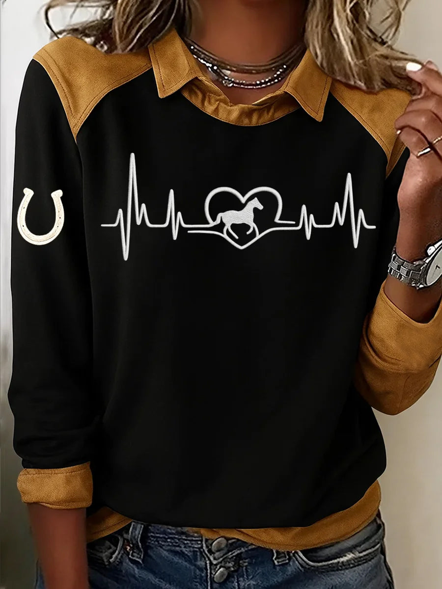 Women's Retro Horse Print Horse Lovers Casual Sweatshirt