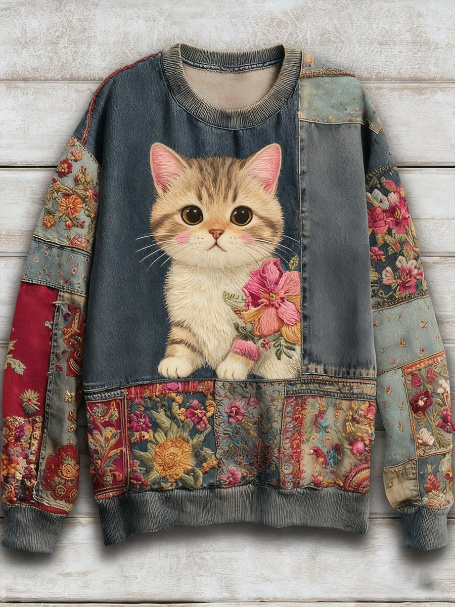 Women's Vintage Patchwork Flower Cat Art Print Sweatshirt