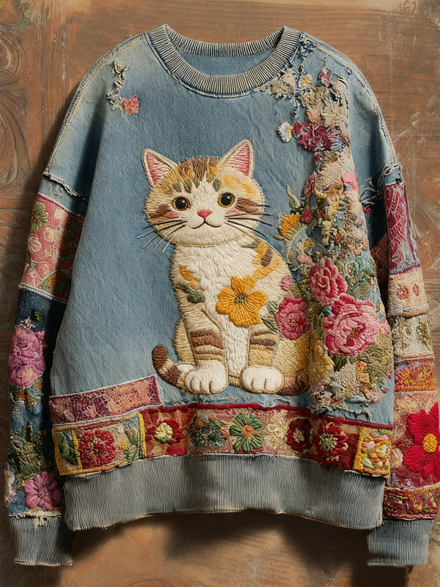 Women's Vintage Patchwork Flower Cat Art Print Sweatshirt