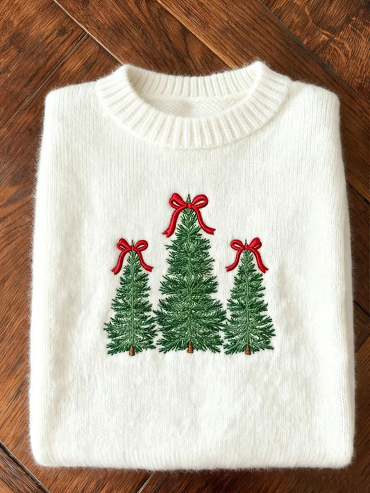 Women's Christmas Tree Embroidered Cozy Knit Sweater