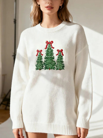Women's Christmas Tree Embroidered Cozy Knit Sweater