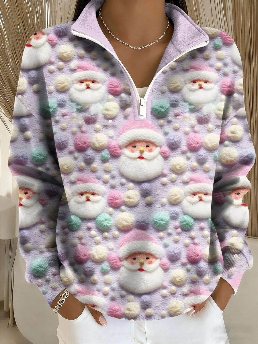 Women's Santa Print Casual Zip-Up Top