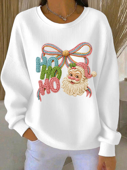 Women's Christmas Ho Ho Santa Claus Art Ribbed Round-Neck Sweatshirt
