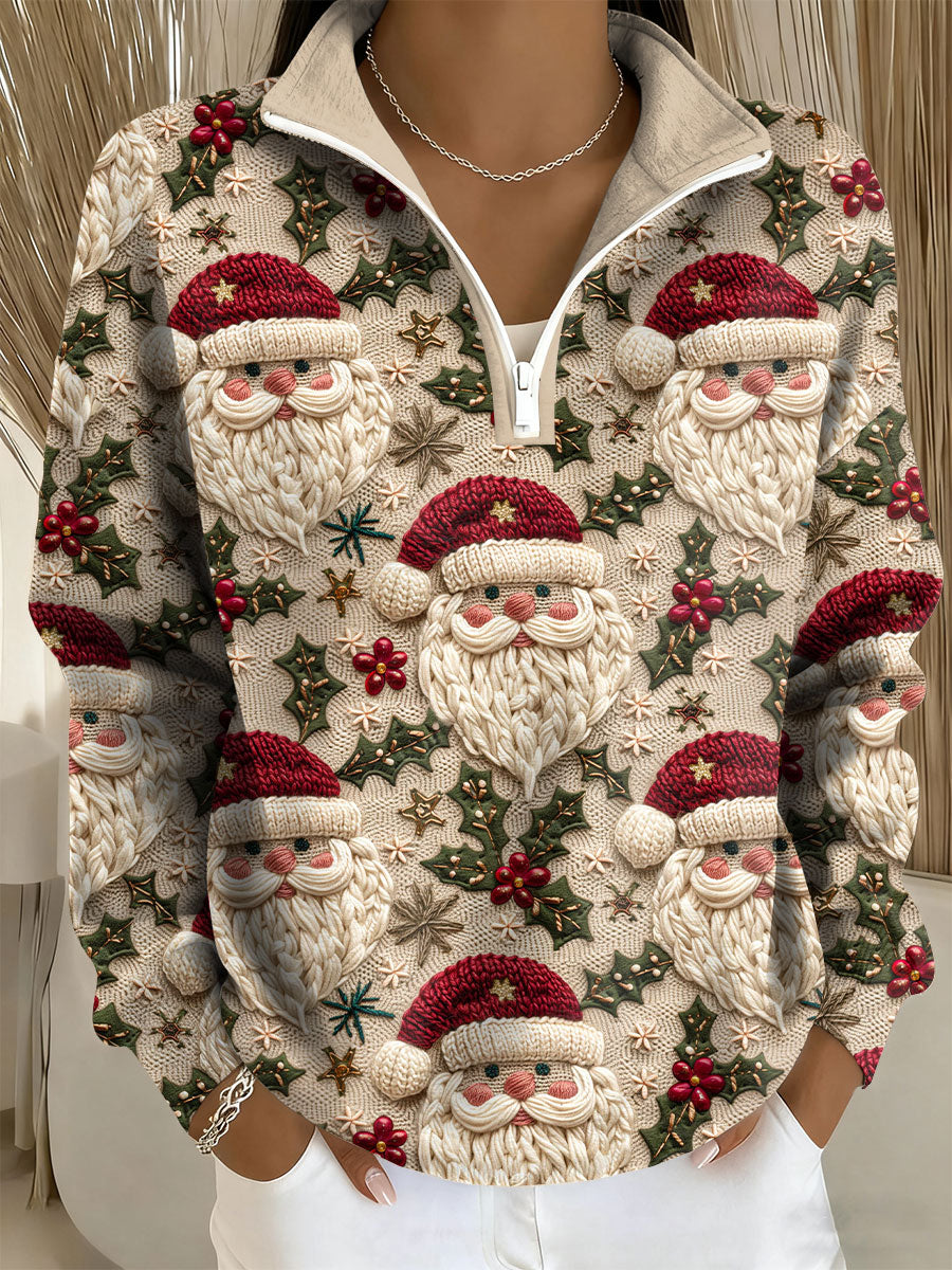 Women's Santa Print Casual Zip-Up Top