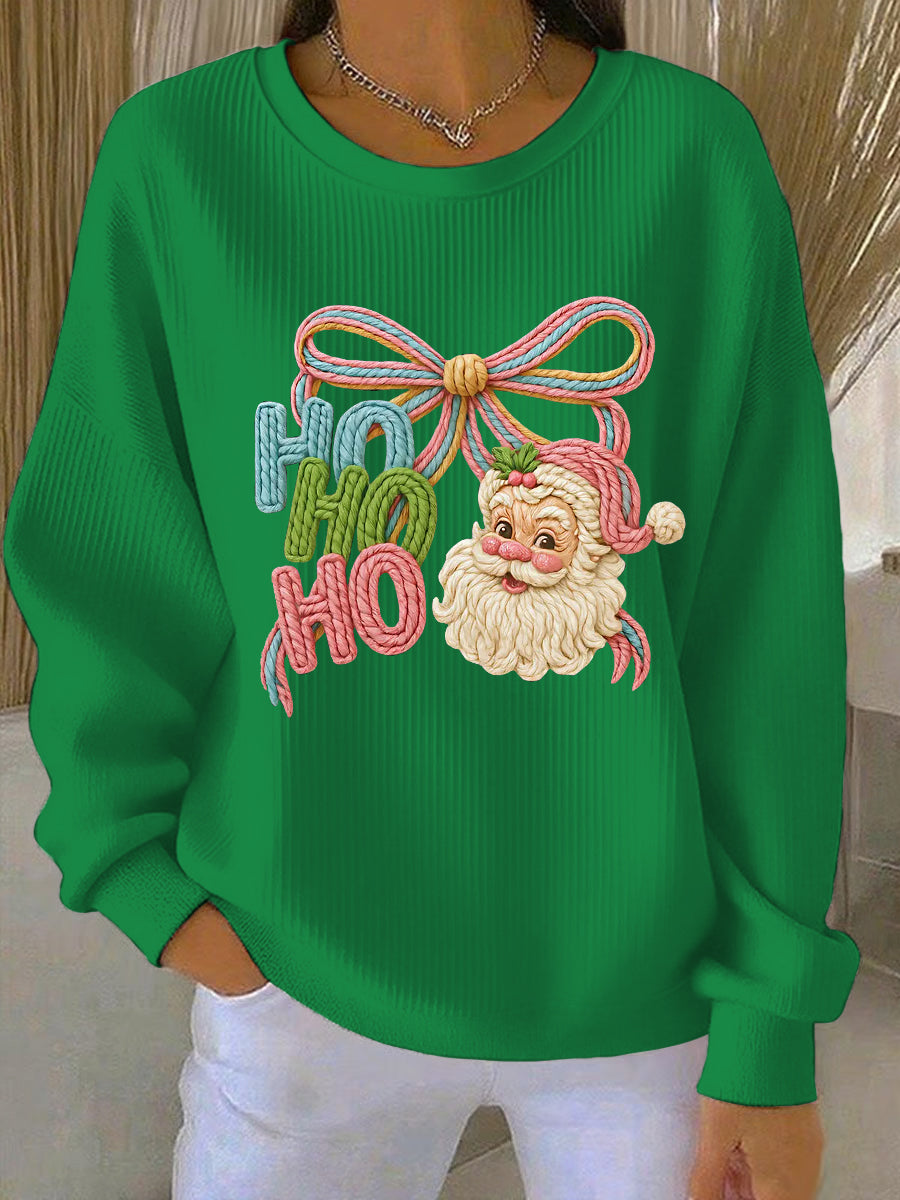 Women's Christmas Ho Ho Santa Claus Art Ribbed Round-Neck Sweatshirt