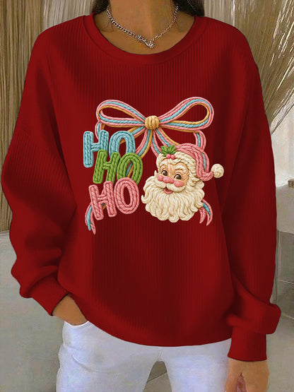 Women's Christmas Ho Ho Santa Claus Art Ribbed Round-Neck Sweatshirt