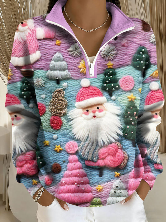 Women's Santa Print Casual Zip-Up Top