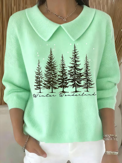 Women's  Christmas Winter Wonderland Christmas Tree Printed Baby Doll Collar Top