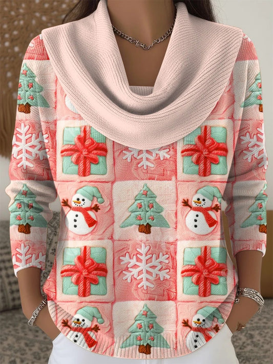 Retro Christmas Colour Block Multicoloured Art Print Cowl Neck Sweater