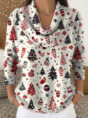 Women’s Retro Christmas Art Print Cowl Neck Sweater Apricot / S