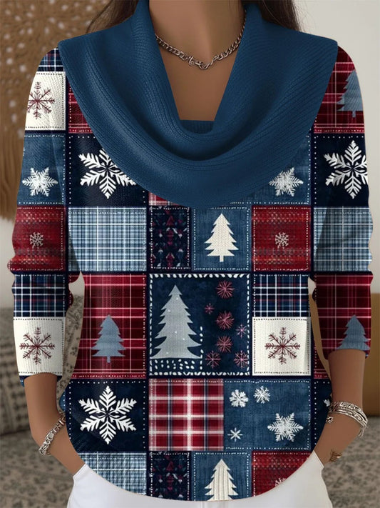 Retro Christmas Colour Block Multicoloured Art Print Cowl Neck Sweater