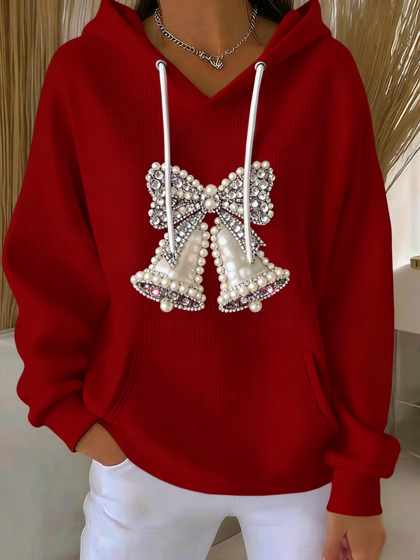 Vintage Christmas Diamond Pearl Bow Bell Print Hooded Sweatshirt