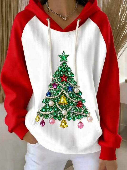Vintage Christmas Diamond and Pearl Christmas Tree Print Hooded Sweatshirt