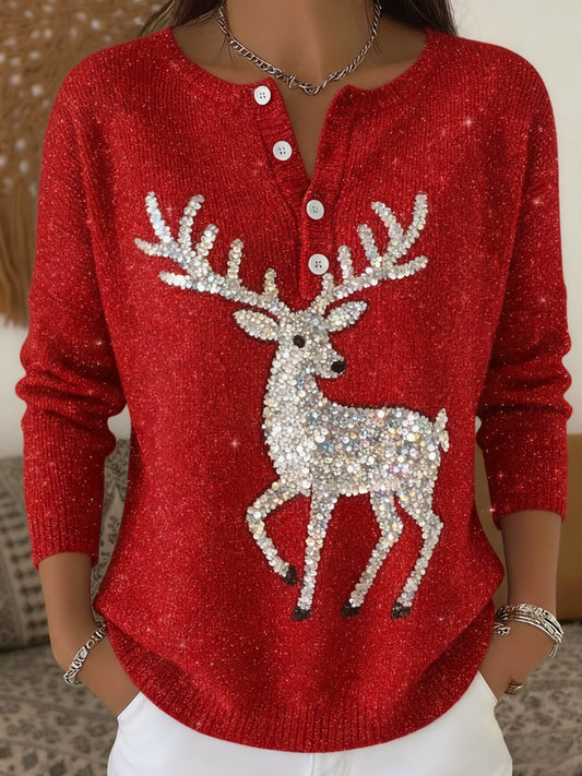 Women's Shiny  Christmas Print Henley Neck Color Sweater Top