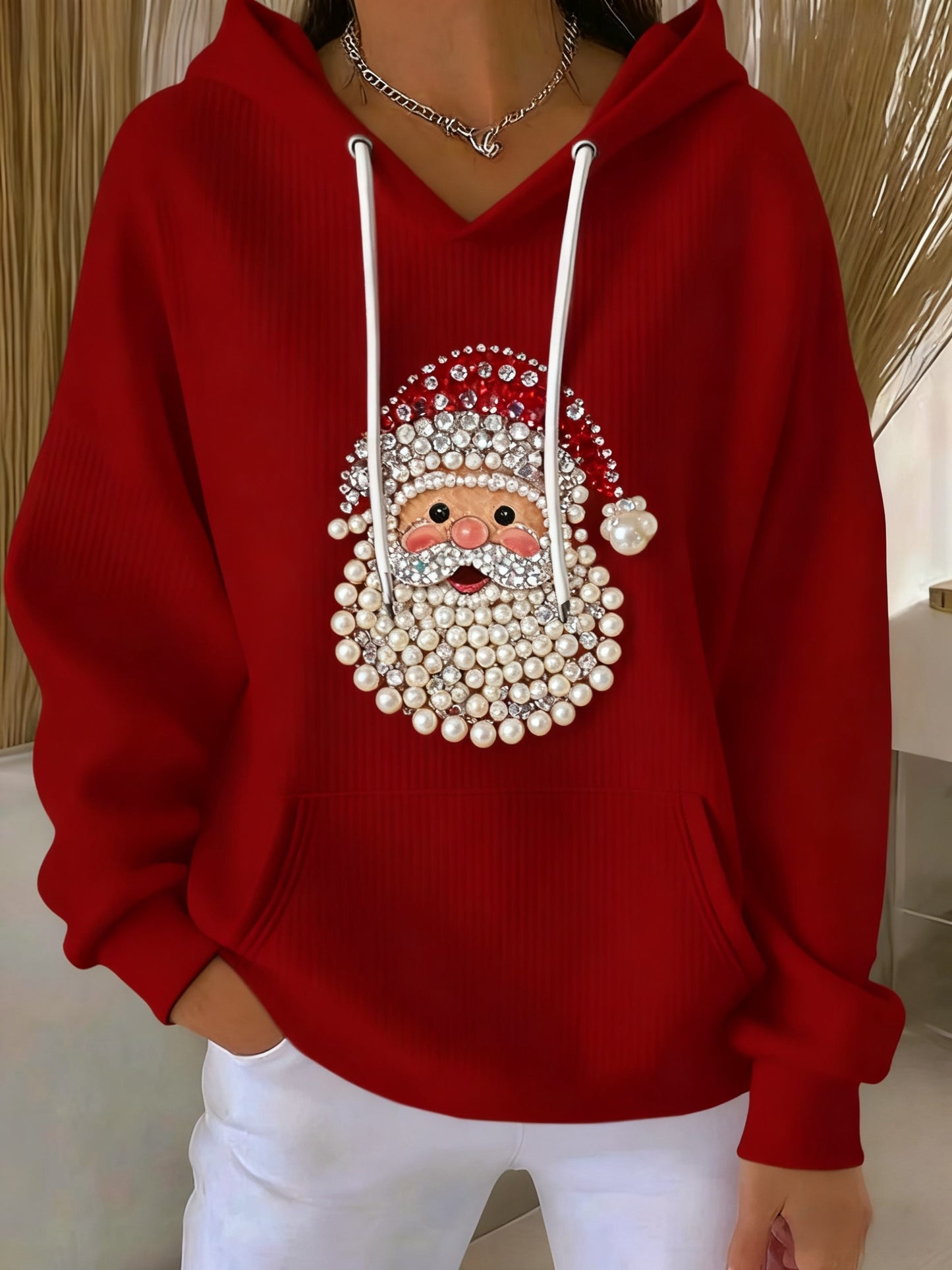 Vintage Christmas Diamond Santa Print Hooded Sweatshirt