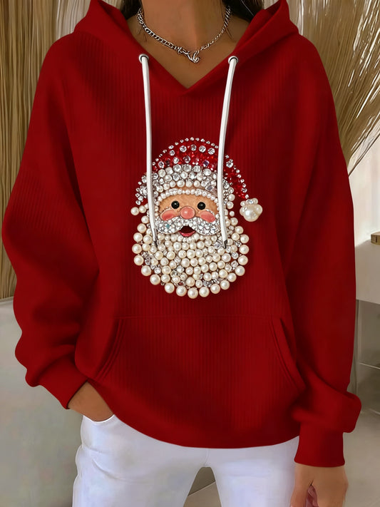 Vintage Christmas Diamond Santa Print Hooded Sweatshirt