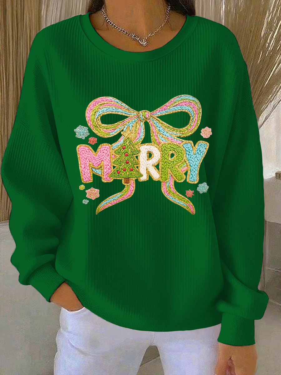 Women's Christmas Merry Christmas  Ribbed Round-Neck Sweatshirt