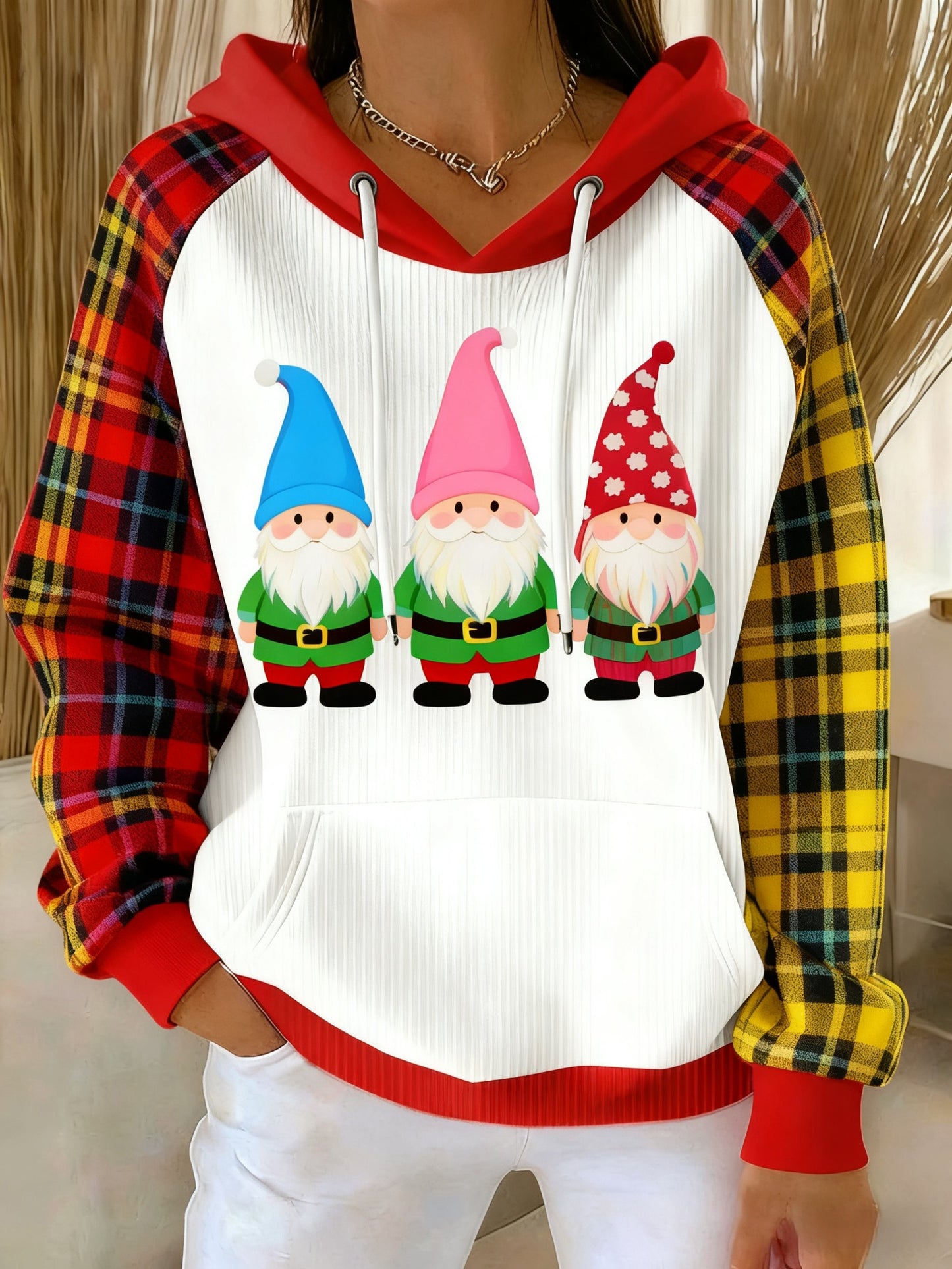 Retro Christmas Tartan Patchwork Gnome Print Hooded Sweatshirt