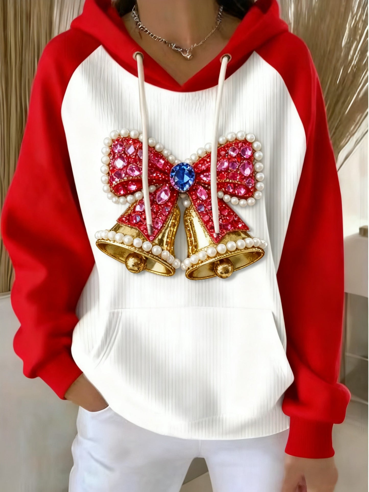 Vintage Christmas Diamond Pearl Bow Bell Print Hooded Sweatshirt