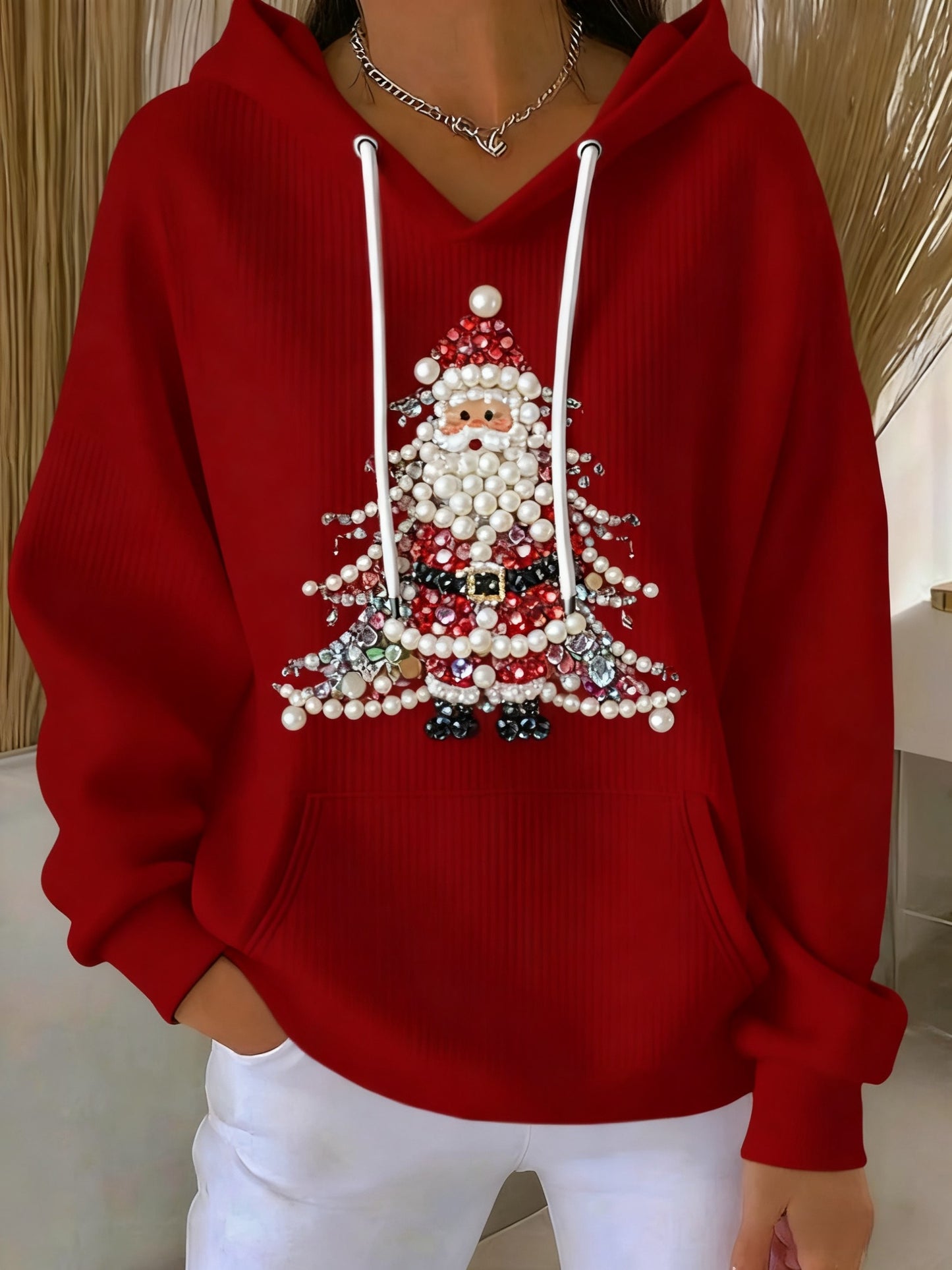 Vintage Christmas Diamond Santa Print Hooded Sweatshirt