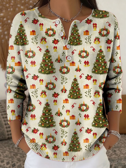 Women's Christmas Tree Art Print Buttoned Cardigan Sweater