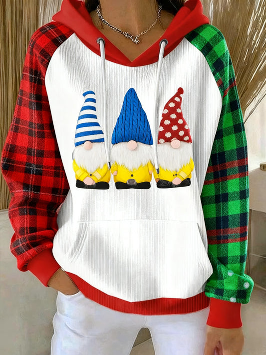 Retro Christmas Tartan Patchwork Gnome Print Hooded Sweatshirt