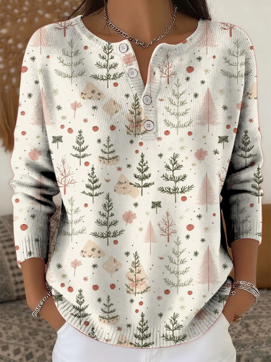 Women's Christmas Tree Art Print Buttoned Cardigan Sweater