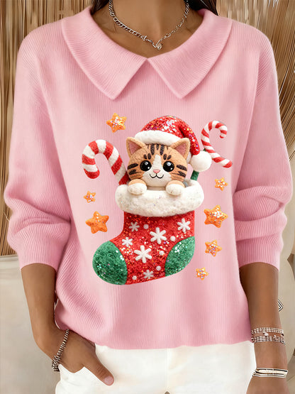 Women's Christmas Christmas Stocking Cute Cat Printed Baby Doll Collar Top