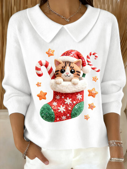 Women's Christmas Christmas Stocking Cute Cat Printed Baby Doll Collar Top