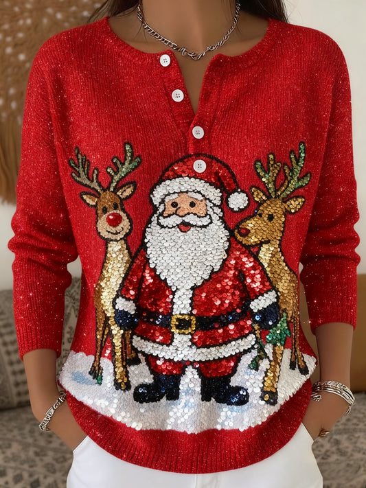 Women's Shiny  Christmas Print Henley Neck Color Sweater Top