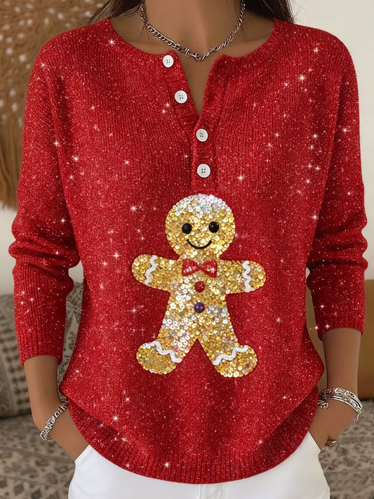 Women's Shiny  Christmas Print Henley Neck Color Sweater Top