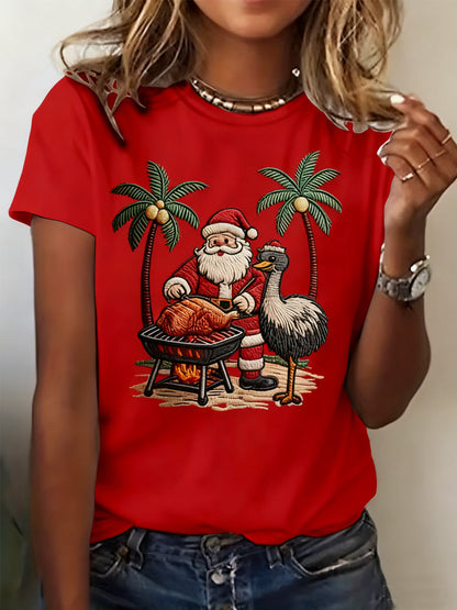 Women's Vintage Tropical Santa Claus Print Tee