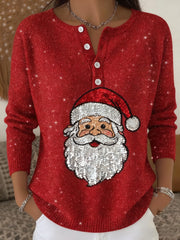 Women’s Shiny Christmas Print Henley Neck Color Sweater Top Red / S