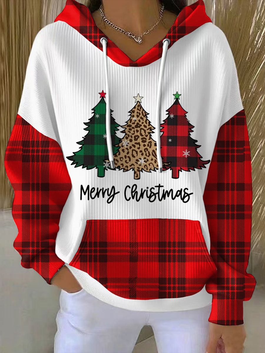 Women's Plaid Christmas Tree Print Casual Hoodie