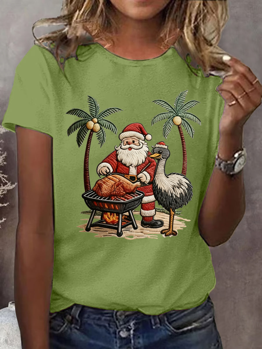 Women's Vintage Tropical Santa Claus Print Tee