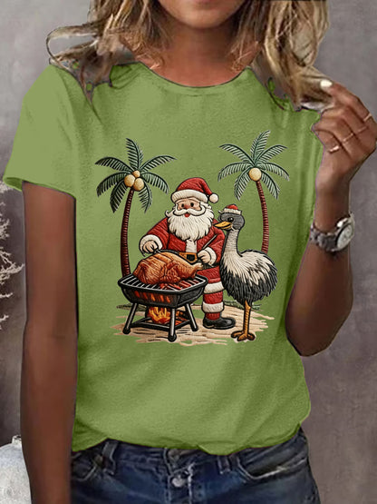 Women's Vintage Tropical Santa Claus Print Tee