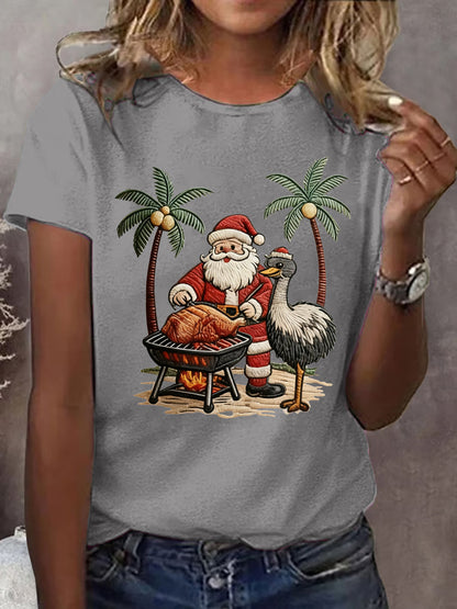 Women's Vintage Tropical Santa Claus Print Tee