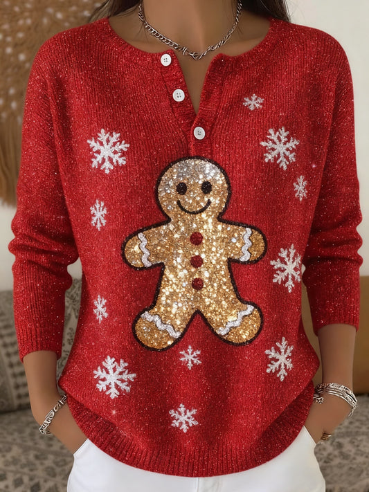 Women's Shiny  Christmas Print Henley Neck Color Sweater Top