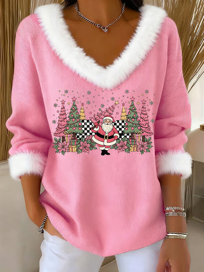 Women's Christmas Tree Print Casual Fur Collar Top