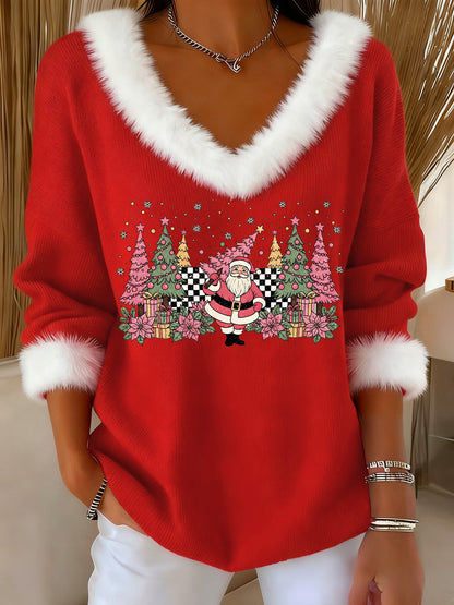 Women's Christmas Tree Print Casual Fur Collar Top