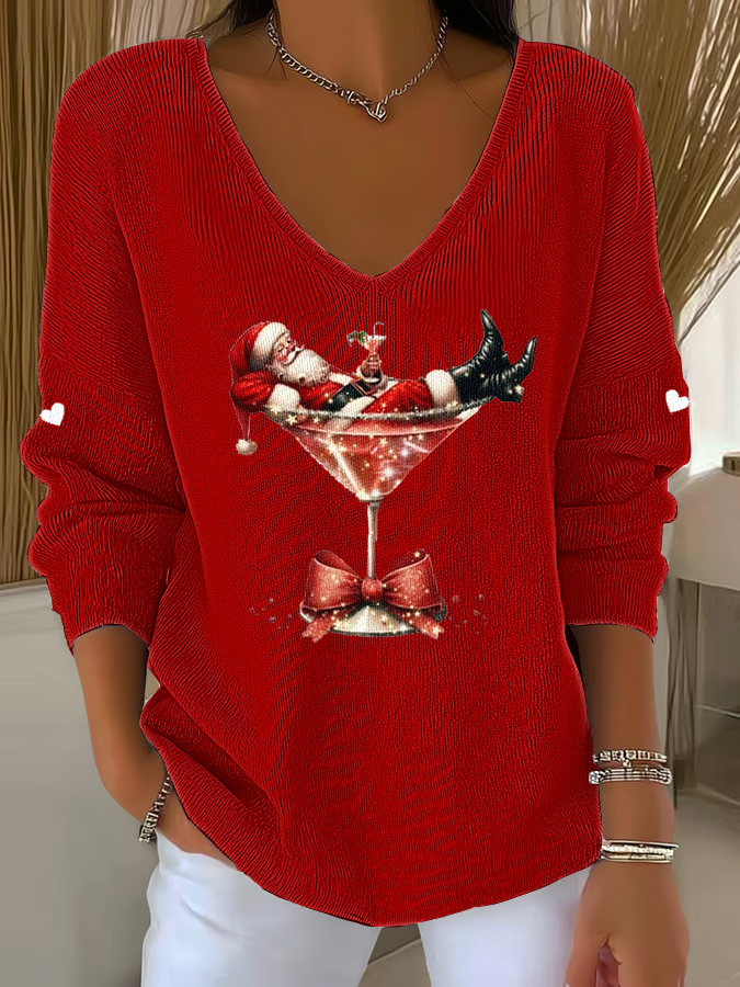 Women’s Santa Claus sitting on a wine glass V-Neck Ribbed Top Red / S