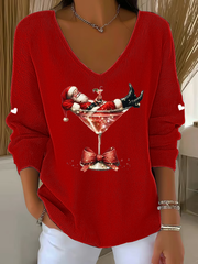 Women’s Santa Claus sitting on a wine glass V-Neck Ribbed Top Red / S