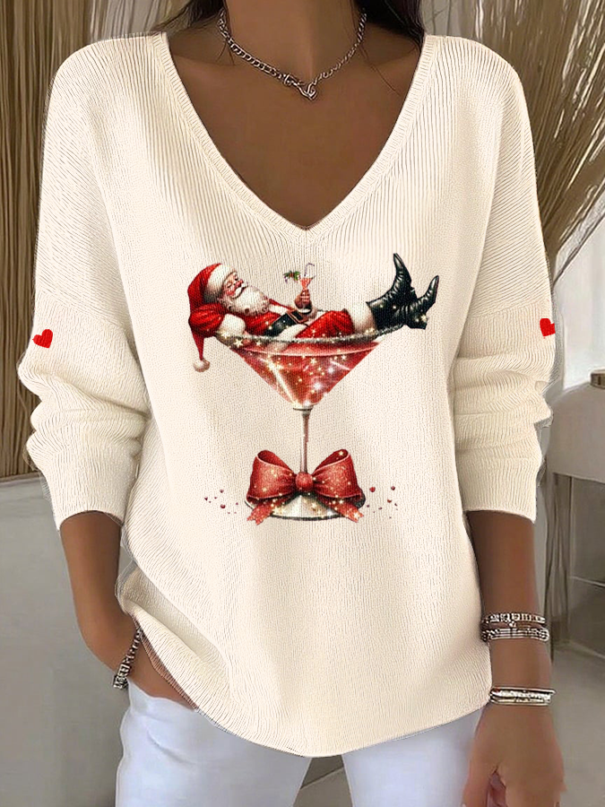 Women’s Santa Claus sitting on a wine glass V-Neck Ribbed Top Beige / S