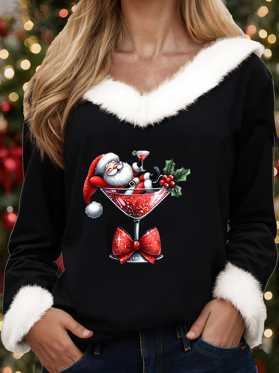 Women’s Santa Claus sitting on a wine glass Printed Tops Black / S