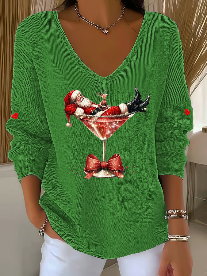 Women’s Santa Claus sitting on a wine glass V-Neck Ribbed Top Green / S