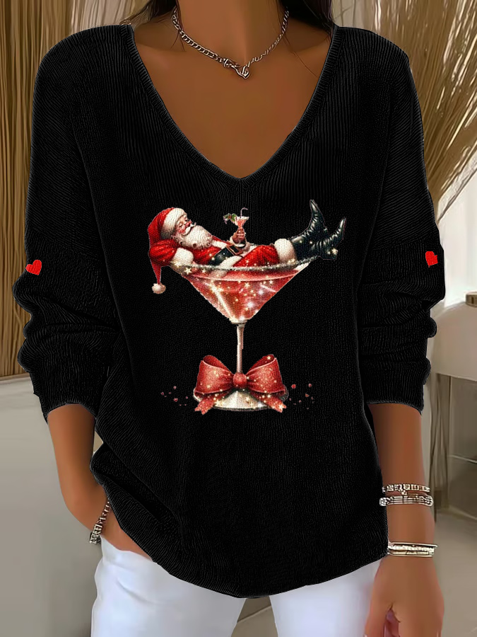 Women’s Santa Claus sitting on a wine glass V-Neck Ribbed Top Black / S