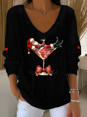 Women’s Santa Claus sitting on a wine glass V-Neck Ribbed Top Black / S